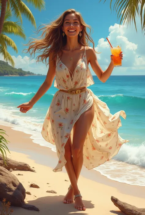 I want a girl with sea side background with sea side clothing and dance eith drink
