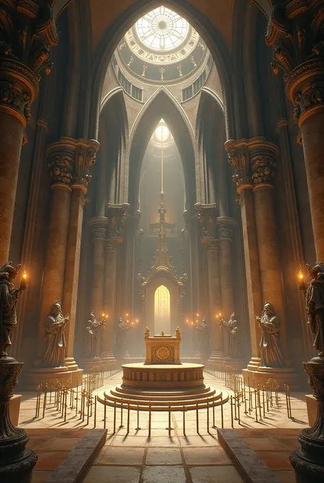 Great Hall, with Gothic style architecture, in the center there is an altar and around the altar there are a total of 26 swords stuck in the floor, the entire hall has details in gold and marble,And statues of ancient lords around the room.