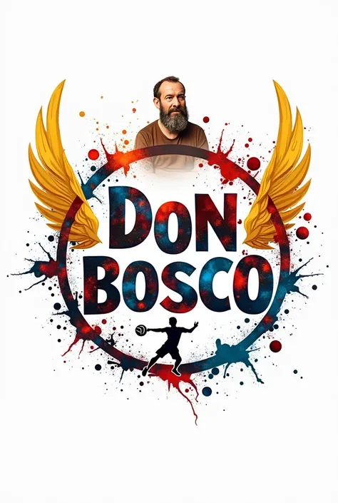 Create a circular logo that says Don Bosco in the middle and that the letters are like colored ink scattered inside the logo, some playing volleyball, basketball and soccer, outside the logo, put an image of Don Bosco and under the logo some golden wings 