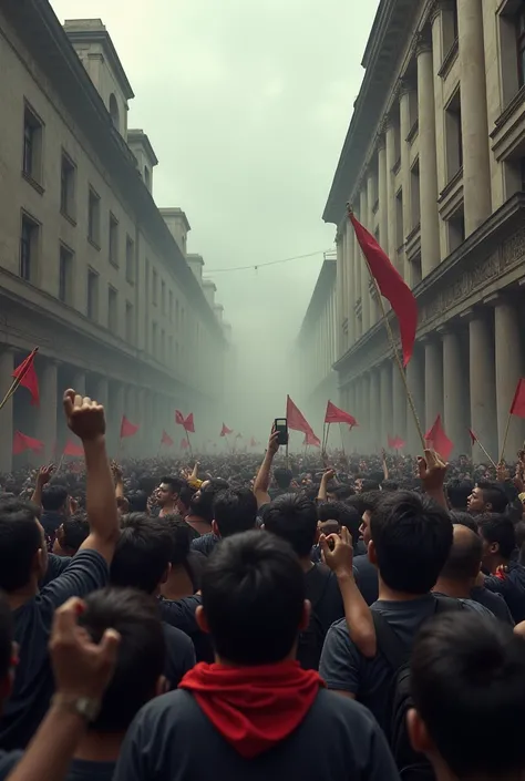  Give me an image based on the university protests of the students of the Universidad Mayor de San Marcos, chaotic study center , lonely and in an environment with sober colors  