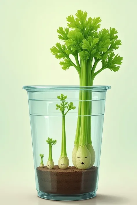 Vegetable celery in 5 stages of growth in a plastic cup 