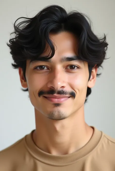 Close-up portrait of a young man with a neutral expression, medium black wavy curly  hair,  a short, neatly trimmed mustache.  Soft, light  skin, large, expressive black eyes, and well-defined eyebrows.  Gentle, even lighting casts no harsh shadows; soft h...