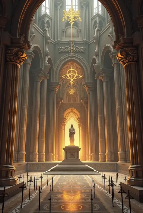 Great Hall, with Gothic style architecture, in the center there is an altar and around the altar there are a total of 26 swords stuck in the floor, the entire hall has details in gold and marble,And statues of ancient lords around the room.