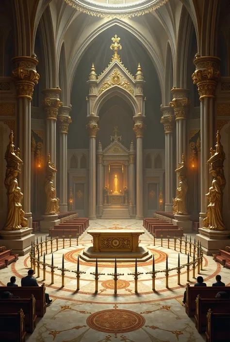 Great Hall, with Gothic style architecture, in the center there is an altar and around the altar there are a total of 26 swords stuck in the floor, the entire hall has details in gold and marble,And statues of ancient lords around the room.