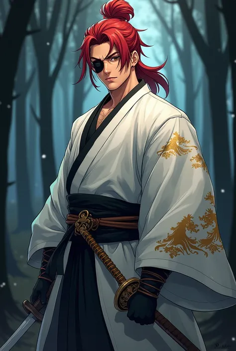 ((Artwork)), (8K), (anime style), 1 oriental man, red samurai bun hair, brown iris color, medium nose, wearing a black eye patch on his left eye, wearing white kimono with golden waves with black details, holding katana. Steady pose, serious look, ((Dark f...