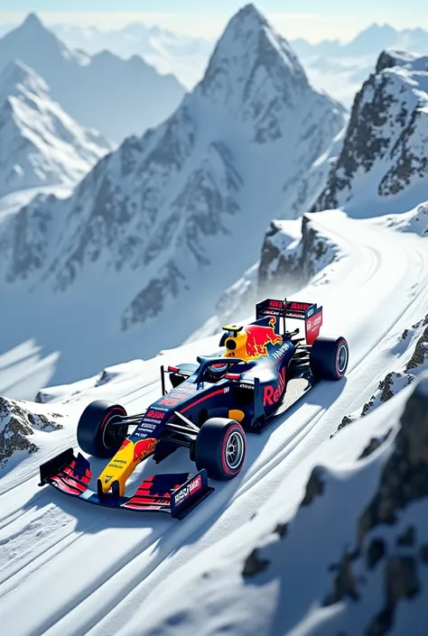 Make an image of red bull F1 car driving on the summit of mount everest