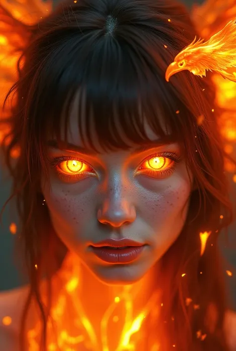 Close-up of Phoenix fused with brown-haired woman and bangs with fire in her eyes