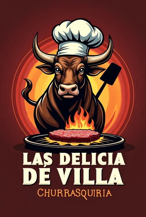 Create a logo for a grilled food business,  that looks professional ,creative and striking , That it has a red and gold background make it fun and a bull with a chefs hat and spatula and that is cooking on the grill and that has a title:  RECREO CHURRASQUE...