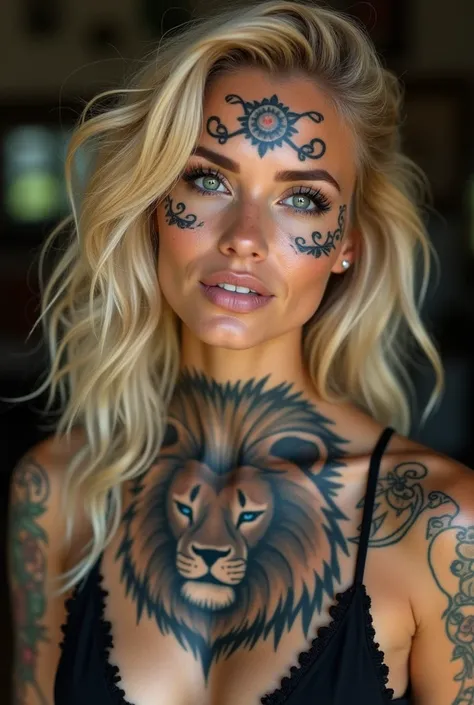 A blonde beauty with Mexican gangster-style tattoos on her face and a lion. More tattoos please. 