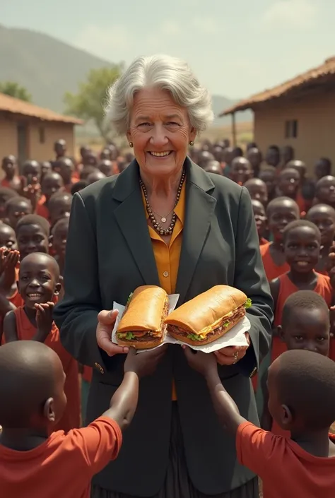 elderly white woman dressed in dress clothes giving subway sandwiches to many ren in Africa