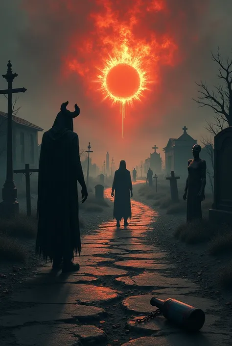 Road through the graveyard with dark figures in the shadow burnt earth Crete road leading to the infernal portal fiery sky bottle of alcohol and chained figure symbolizing enslavement and a demon tempting to sin