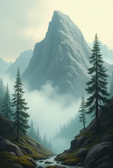 Mountain, fog and tall pine trees, landscape, oil painting