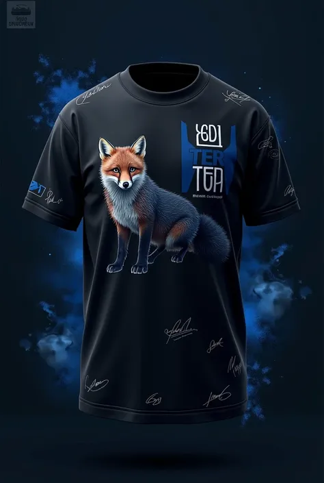 Make a realistic black t-shirt with blue and white detail,  for third year graduation ,  with the students signature , On the back written  "Third year 2025"  and with a realistic mini fox on the front of the chest on the right side
