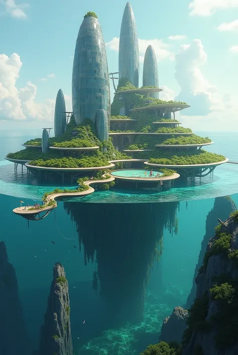  A floating city made of platforms connected to each other ,  built with recycled materials from the sea ,  like corals and treated algae .  The city has towers that rise into the sky and structures that extend below the water.

 - Key Elements :
   - Plat...