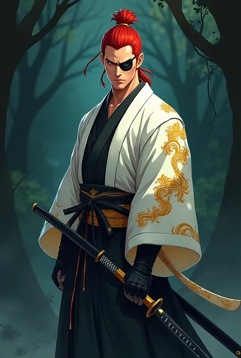 ((Artwork)), (8K), (anime style), 1 oriental man, strong body, red samurai bun hair, brown iris color, medium nose, wearing a black eye patch on his left eye, wearing white kimono with golden waves with black details, holding katana. Steady pose, serious l...