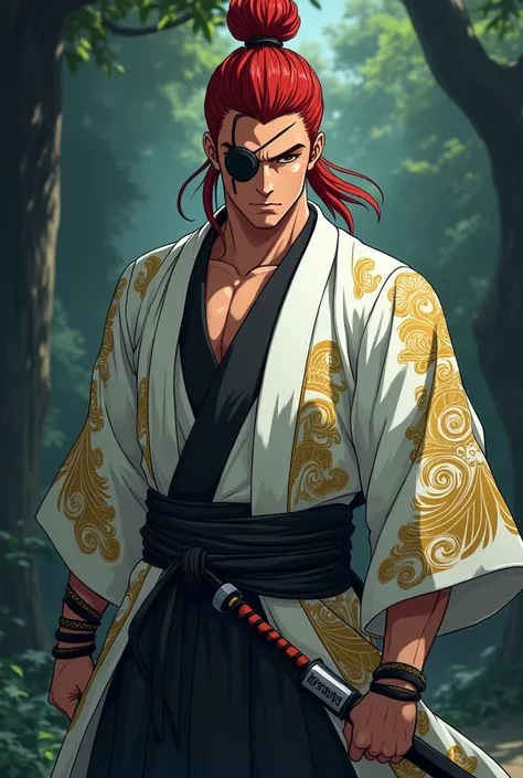 ((Artwork)), (8K), (anime style), 1 oriental man, strong body, red samurai bun hair, brown iris color, medium nose, wearing a black eye patch on his left eye, wearing white kimono with golden waves with black details, holding katana. Steady pose, serious l...