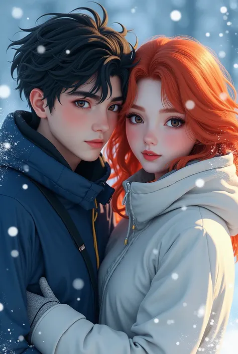 couple aesthetic, boy with dark eyes and dark hair, girl with dark eyes and red hair, light blue background, ice, hockey