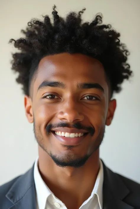 Close-up portrait of a young man spain  with a neutral expression, medium black wavy curly  hair, and a short, neatly trimmed mustache.  Soft, light black skin, large, expressive black eyes, and well-defined eyebrows.  Gentle, even lighting casts no harsh ...