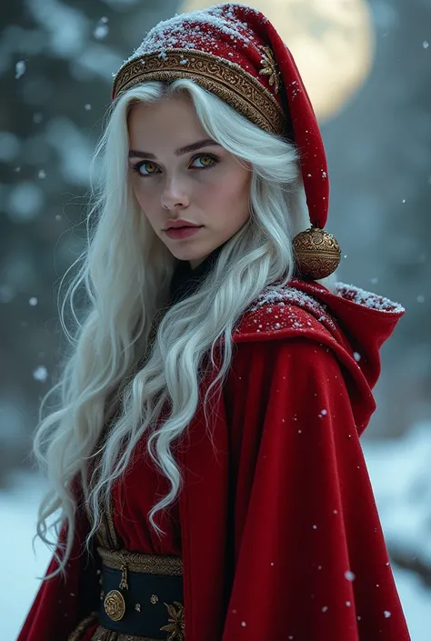  White hair, woman, golden eyes,red cloak,,Natal,Christmas icon,witch,night, chapéu Natalino 