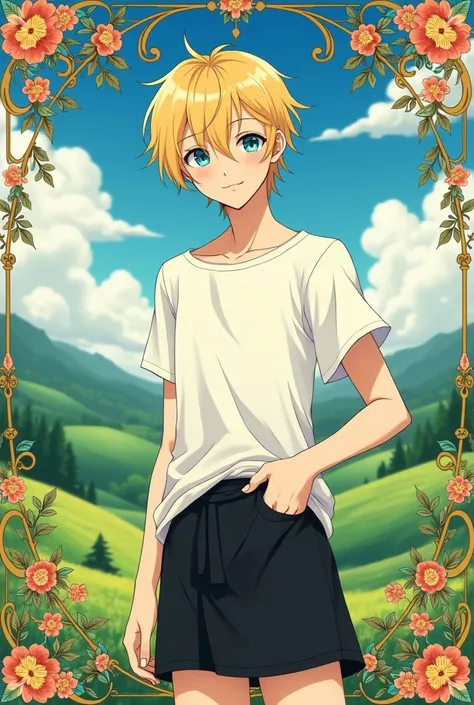 Anime Style, Art Nouveau, femboy, man,  short hair,  blonde hair, Bangs,  blue eyes ,  grin cheerful , white t-shirt,  black mini skirt , In the countryside ,