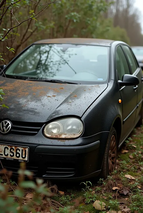 Volkswagen Golf Plus black color from 2009 at the junkyard turned sideways rusts in the bushes registration from Poland Rbr