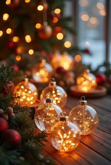 7 transparent Christmas balls with Christmas decor 