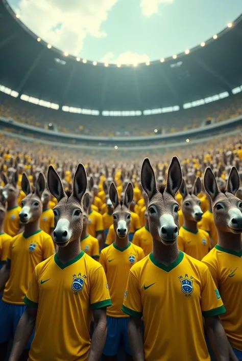 Thousands of donkey-headed men and women at a soccer stadium wearing the Brazilian national team jersey