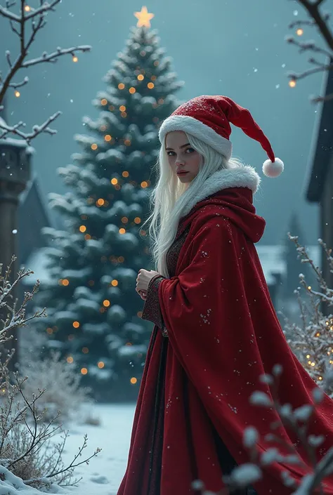  white-haired, woman, golden eyes,red cloak,,Natal,Christmas icon,witch,night, chapéu Natalino na cabeça,medieval, árvore Natal