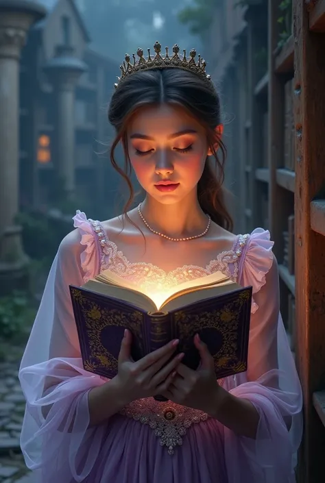  
I want the cover of a story to print about an 18-year-old girl entering a book when she reads it next to an abandoned palace next to a library. I want you to imagine that she is holding the book and there is a light coming out of it with its details, inc...