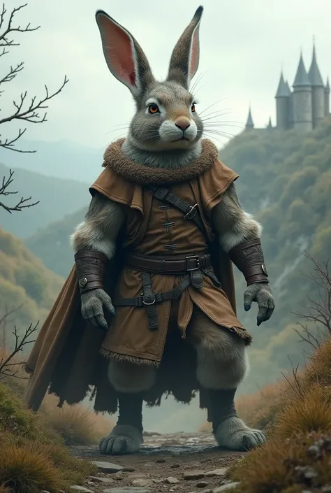 A strong mutant rabbit walking like a human dressed in medieval clothing 