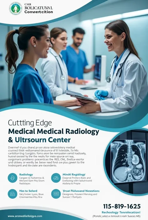 Please design an advertising poster including the business name, images, and advertising texts appropriate for the medical radiology and ultrasound center.