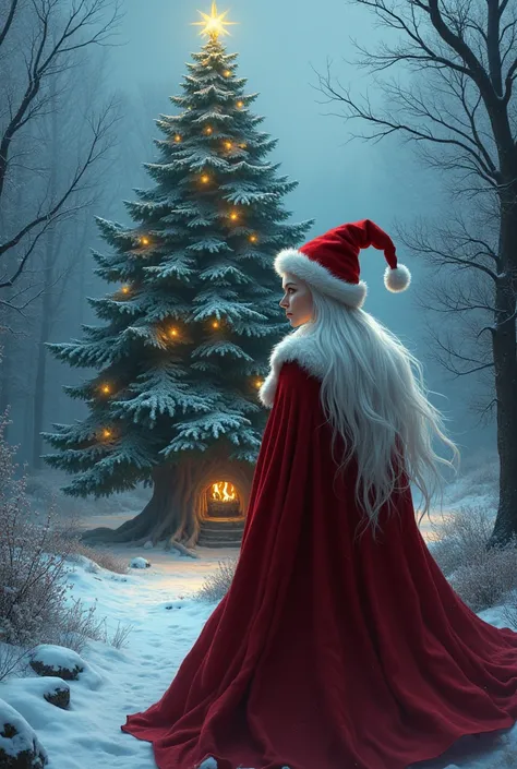  white-haired, woman, golden eyes,red cloak,,Natal,Christmas icon,witch,night, chapéu Natalino na cabeça,medieval, árvore Natal