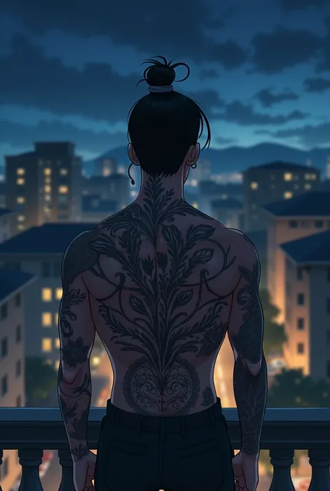 25 year old male ,beardless ,wearing earrings, black hair top knot ,shirtless, tattooed man ,standing on the 2nd floor balcony looking at the neighborhood at night with no smoking,anime