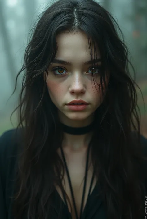 Young woman with long dark brown hair, Wear dark brown skin lenses , 