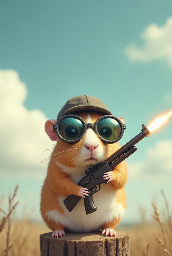 Guinea pig with lenses, Cap on a speck and a gun in his hand shooting to the sky