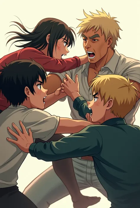  a blond haired boy and a black-haired girl with a scar on their face hitting another blond man in the face