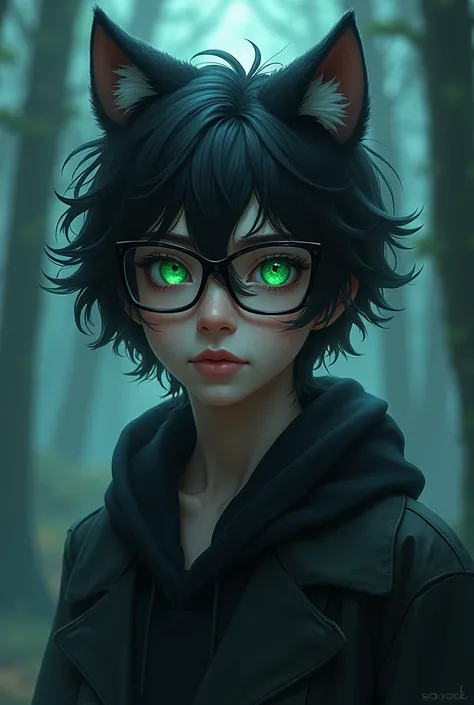 personnage arcane, garçon cheveux ondulés jusquau épaules style wolf cut, grosses lunettes carré aux montures noire, yeux bleus vert jaune, 