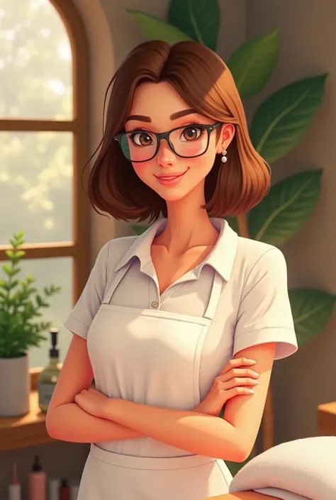 Une belle fille aux cheveux châtains coupe au carré , de fines lunettes carrées, elle porte tablier blanc, petite poitrine. Elle est masseuse dans son institut.Elle a les yeux marron clair. Elle est très mince.
Quelques petits tatouages.
#pixar