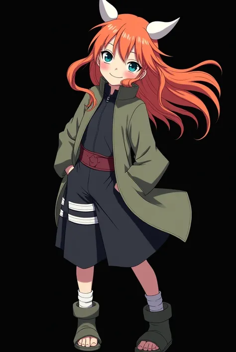 Female Character from Naruto ( FOURTEEN YEARS ).  full body . Made in anime style Naruto Shippuden .  straight fire-colored hair with two white locks highlighted on the front. The hair flying in the wind. loose hair. pale skin.  blue-green eyes . smile. a ...