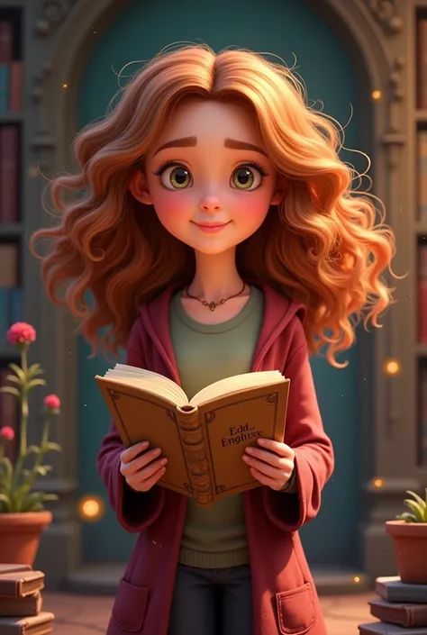 Pixar-like cartoon of Hermione , personagem do harry potter,  black and holding a book written English Book on the cover