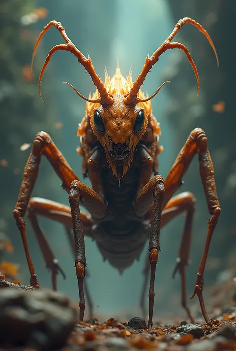 Make a poster showing of the character Ant God, from the game Transcendant. A male, bipedal, benevolent ant, with beatuifull antenae. It is an ant. It has the head and mandibles of an ant, and all features of an ant. It has an exo-skeleton. Keep its apeare...