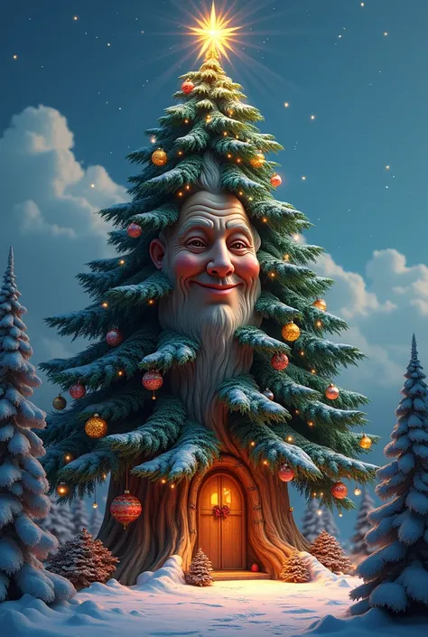 Magic and wise Christmas tall pine,  with a kind face carved into his trunk .  His warm look and serene smile , Decorated with bright lights ,  colorful ornaments and a shining star on his top