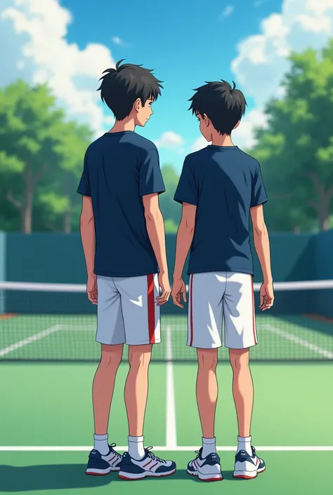 A young girl , a young man, tennis court ,  tennis partners , 2D , They gave it shoulder to shoulder,  navy blue tops, Get white sweatpants, girl,  Black hair , human style