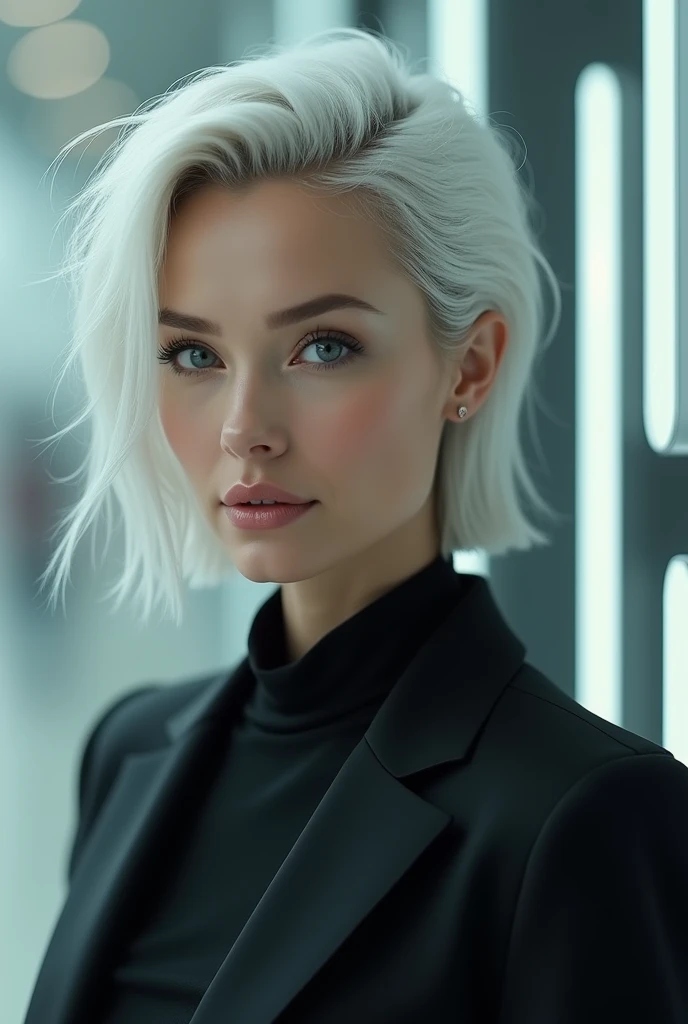 Robot AI woman and pretty Alegre dressed in black blazer and white hair