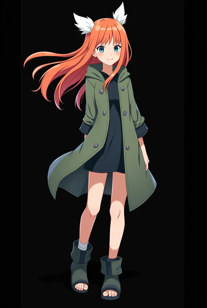 Female Character from Naruto ( FOURTEEN YEARS ).  full body . Made in anime style Naruto Shippuden .  straight fire-colored hair with two white locks highlighted on the front. The hair flying in the wind. loose hair. pale skin.  blue-green eyes . smile. a ...