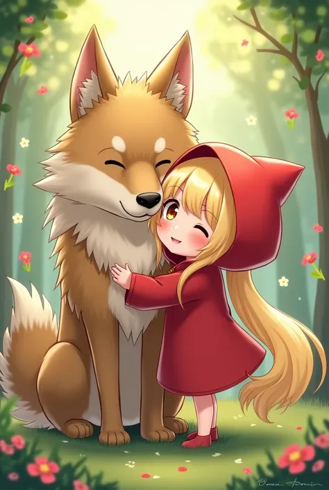 Chaperon rouge cheveux blond kawai fait un calin au gros loup
