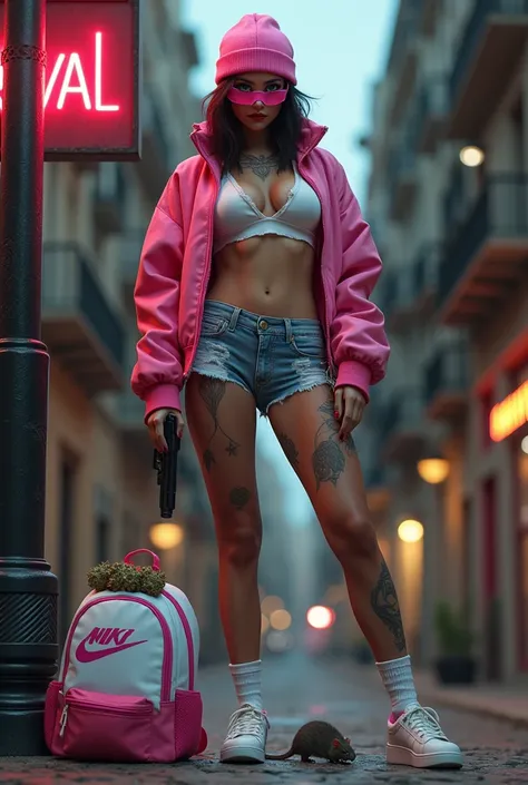  23 year old girl wearing pink balaclavas wearing green eyes eyeliner and eyelashes, thick and appetizing lips s,  pink bomber jacket Nike ,  white low-cut t-shirts provided large round breasts XXXl , tattoos,  pink painted nails ,  thin waist wide hips bi...