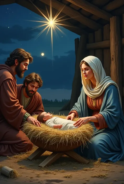 Shepherds discover the star of the birth of Jesus the baby with the Virgin Mary 