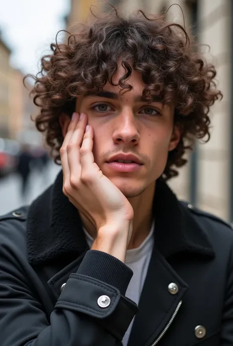 Young, 21 years old, Attractive and beautiful.  wavy hair/curly,  he seriously looks at the camera with his hand on his face .  Hes taking a picture in a very confident manner,  for a profile photo on a social network .  He has a very luxurious lifestyle ,...