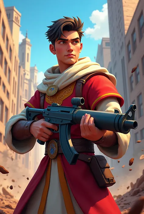 Create Baldwin IV with a firearm in his hands, animated cartoon style with a background from the game Free Fire
